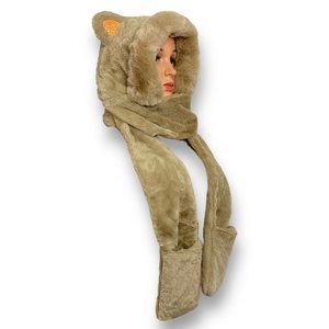 Winter Warm Women Hood Scarf with Gloves Pocket Earflap Hat Long Scarf - Brown